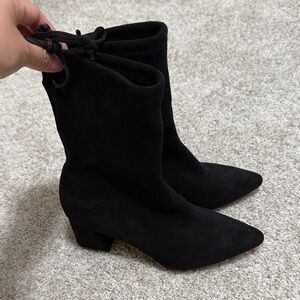 Black Suede Pointed-Toe Mid-Calf Block Heel Boots
